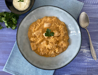 Hungarian Szeged Goulash, also known as meat cabbage, with Chicken. 