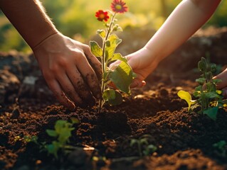 Fototapeta premium A mother and child's hands holding a small plant in soil