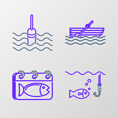 Set line Fishing hook under water with fish, Calendar, boat oars on and float icon. Vector