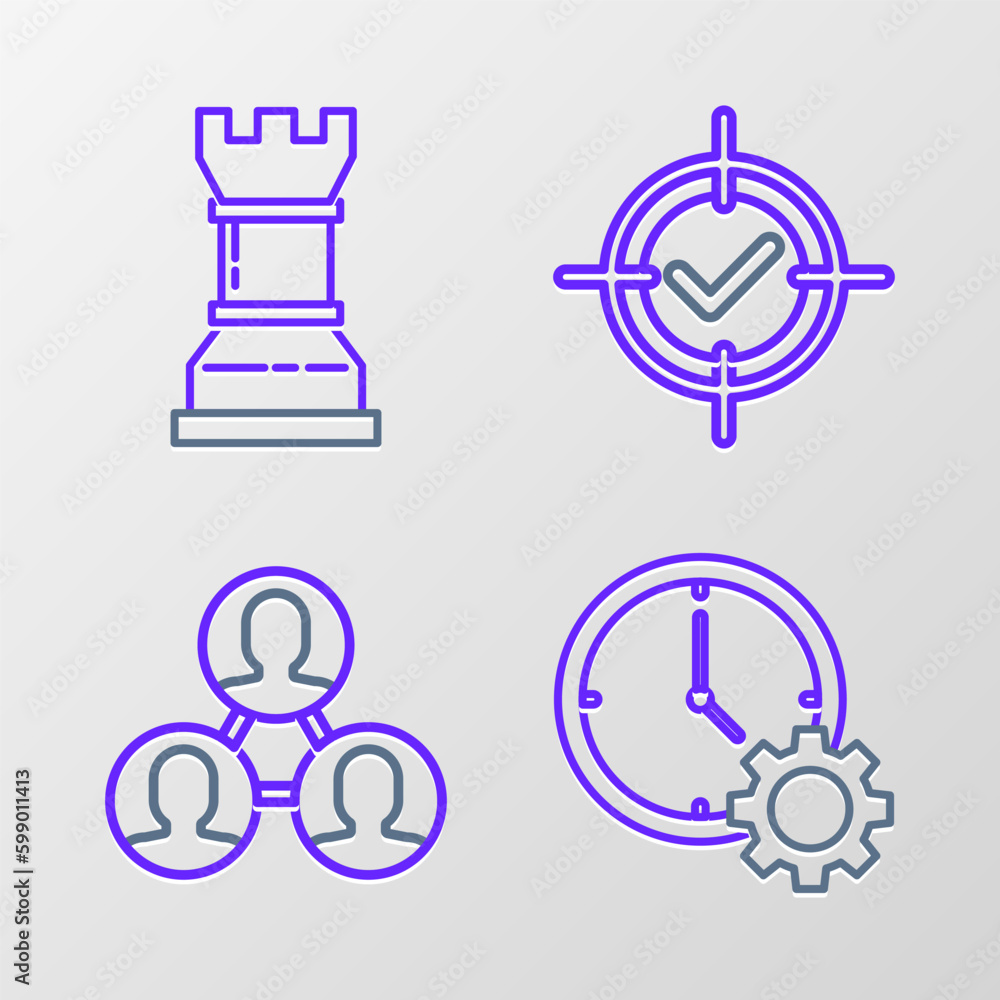 Poster set line time management, project team base, target and check mark and business strategy icon. vecto