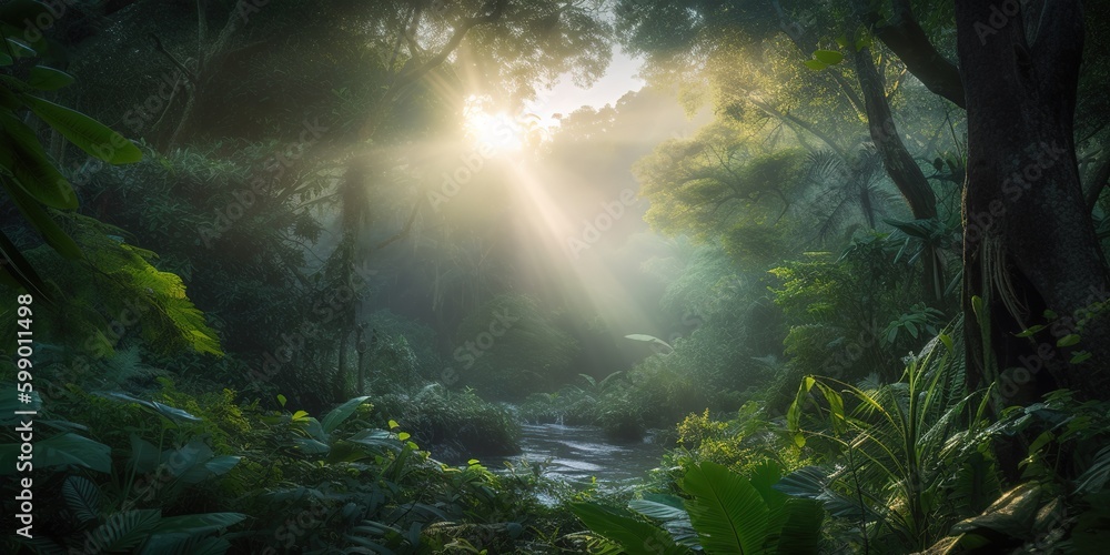 Poster the light is peeking out from behind the leaves of the trees in the jungle. generative ai