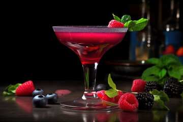 Colorful cocktails garnished with berries. martini glass decorated with raspberries and blueberries. ai generative