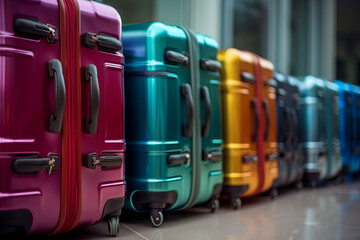 many colored suitcases. travel and vacation concept. shop window. AI generative