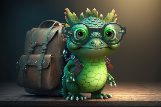 a small, cute green dragon with glasses and a school bag. the kid smiles and goes back to school. AI generative
