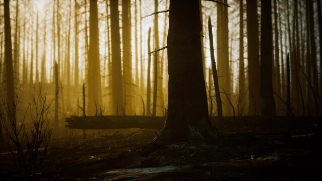 Burned trees after wildfire with pollution and a lot of smoke