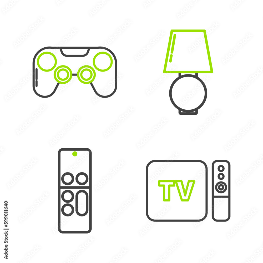 Poster set line tv box receiver and player with remote controller, remote, table lamp and gamepad icon. vec