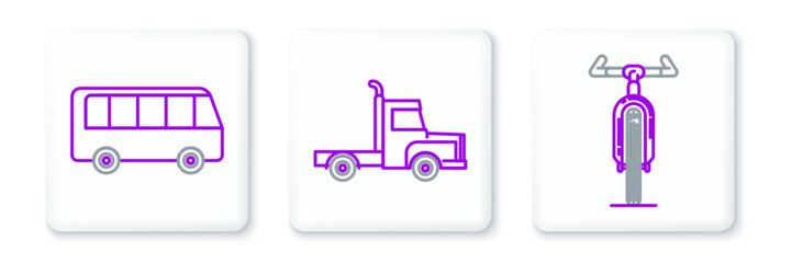 Set line Bicycle, Bus and Delivery cargo truck vehicle icon. Vector