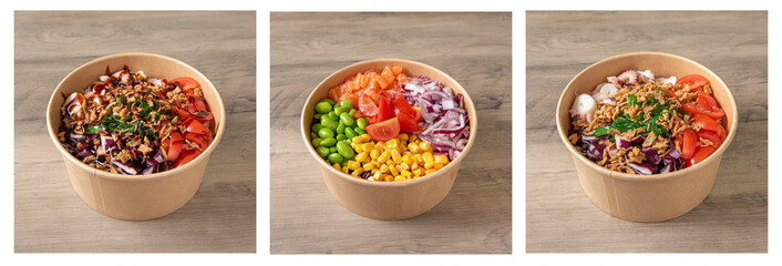 photo collage of three poke bowls on wooden table with natural light , white framed mosaic