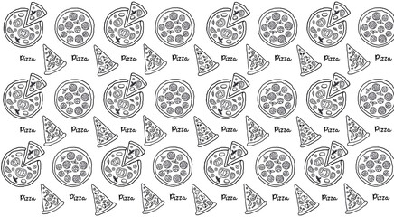 Pizza seamless pattern drawing with hand drawn doodles on white background - high resolution. Pizza with ingredients.  
Wrapping paper, packaging, web, textile, fabric, print design