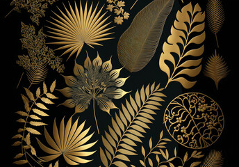 Black and Gold Jungle Leaf Illustration/Background - Generative AI