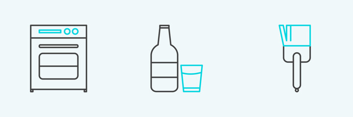 Set line Kitchen brush, Oven and Glass bottle with milk and glass icon. Vector