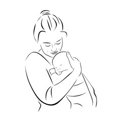 Mother hugging baby stylized vector. Woman with a newborn in her arms isolated. A young mom and baby on white background. Minimal black sketch in the lines. Happy mother's day. Vector illustration