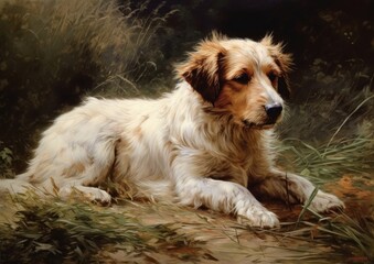 Portrait of a cute white dog sitting on the grass at sunset Generative Ai