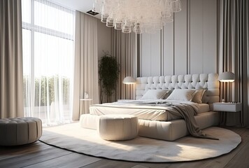 a bedroom in a very elegant modern style with white furniture and a lamp Generative Ai