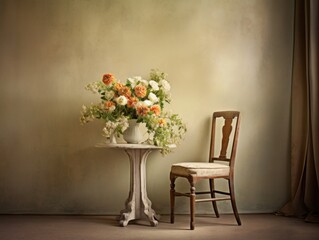 A pair of empty chairs at a table, with a bouquet of flowers in the center.