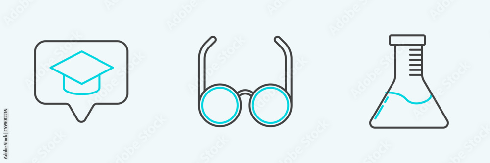 Poster set line test tube and flask chemical laboratory, graduation cap in speech bubble and glasses icon. 