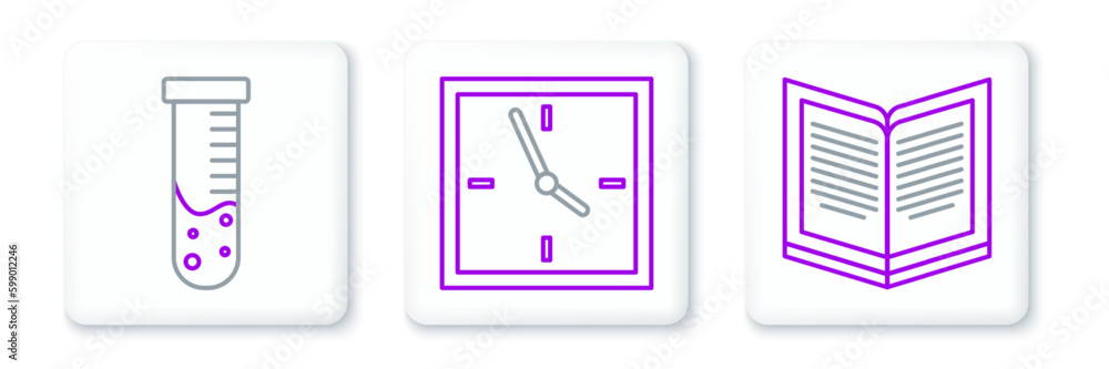 Poster set line open book, test tube and flask chemical laboratory and clock icon. vector