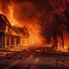 Street on fire, house in flames. Generative AI.