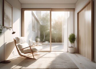 Fototapeta premium white arc chair and end table in the living room sitting on the window Generative Ai
