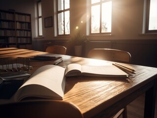 An open textbook and highlighter resting on a wooden desk
