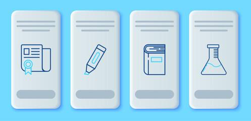 Set line Marker pen, Book, Certificate template and Test tube and flask chemical laboratory icon. Vector