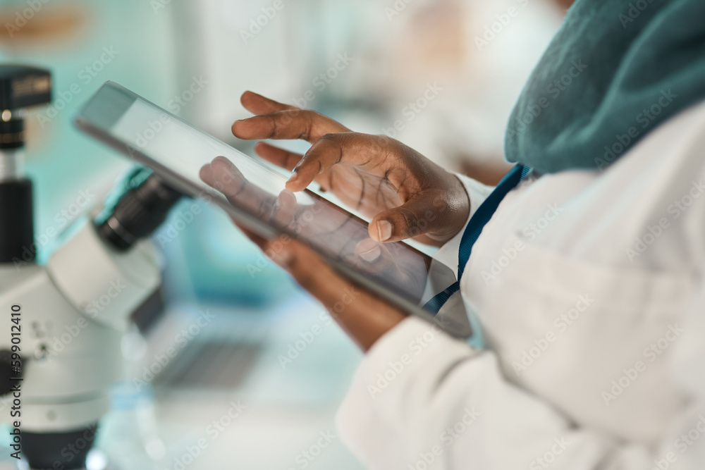 Poster optimising lab work with smart tech. closeup shot of an unrecognisable scientist using a digital tab