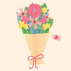 Happy Women's Day March 8 Cute bouquet of spring flowers card and  for the holiday. Vector illustration of a date, a women and a bouquet of flowers