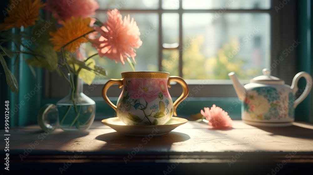 Poster a table that has a teapot and a flower vase in the center of the table generative ai