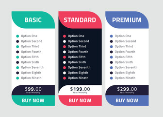 pricing table and pricing chart Price list vector template for web or app. Ui UX design tables with tariffs, subscription and business plans. Comparison business web plans, 3 column grid design.