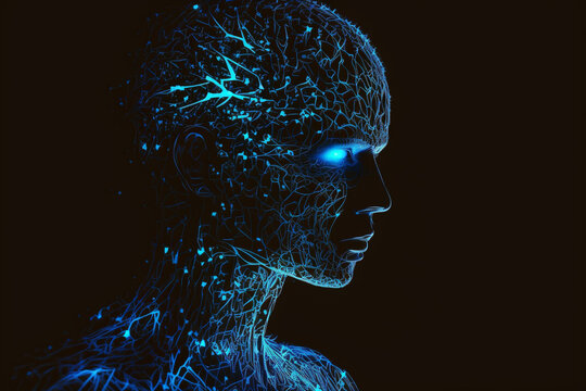 Concept of artificial intelligence. Human face in blue colors, generative ai