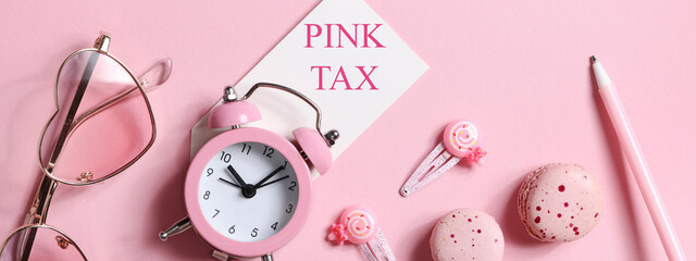 pink tax concept. watches, glasses, hairpins, pen and macaroons in pink colors. copy space. items...