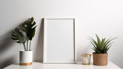 blank picture frame is placed on the table, with a minimalistic style