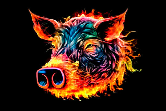 Flaming pig head with tongue out on a black background. Generative AI.