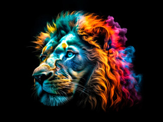 Naklejka premium Lion head with colorful smoke on black background. Generative AI.
