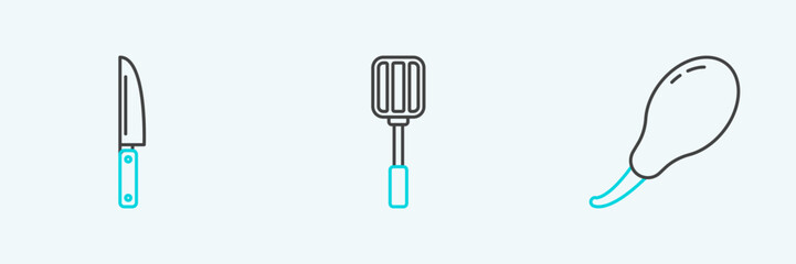 Set line Chicken leg, Knife and Spatula icon. Vector