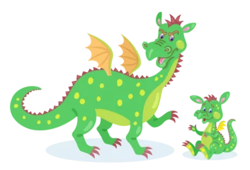 Fototapete Drache Large adult fairy dragon and cute little dragon baby. In cartoon style. Isolated on white background. Vector flat illustration.