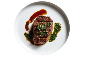 Steak With Chimichurri Sauce On White Plate, On Isolated Transparent Background, Png. Gluten-Free Dish.. Generative AI