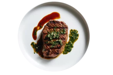Gordijnen Steak With Chimichurri Sauce On White Plate, On Isolated Transparent Background, Png. Gluten-Free Dish.. Generative AI © Anastasiia