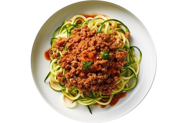 Zucchini Noodles With Meat Sauce On White Plate, On Isolated Transparent Background, Png. Gluten-Free Dish.. Generative AI
