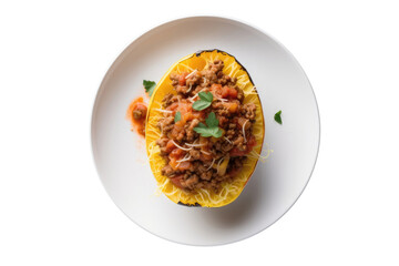 Spaghetti Squash With Meat Sauce On White Plate, On Isolated Transparent Background, Png. Gluten-Free Dish.. Generative AI