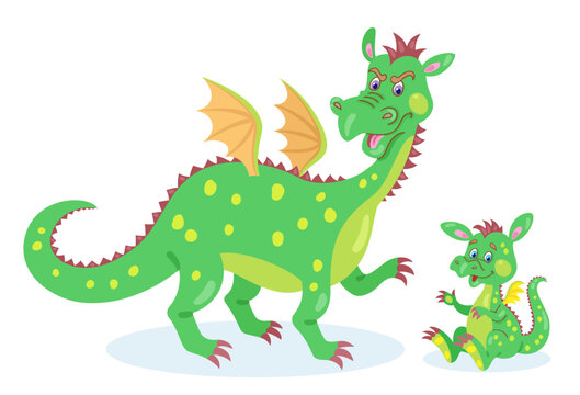 Large adult fairy dragon and cute little dragon baby. In cartoon style. Isolated on white background. Vector flat illustration.