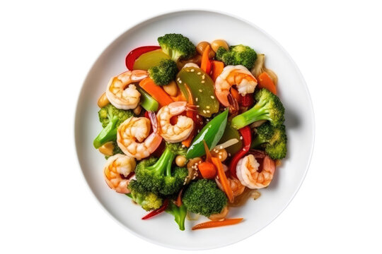 Shrimp And Vegetable Stirfry On White Plate, On Isolated Transparent Background, Png. Gluten-Free Dish.. Generative AI