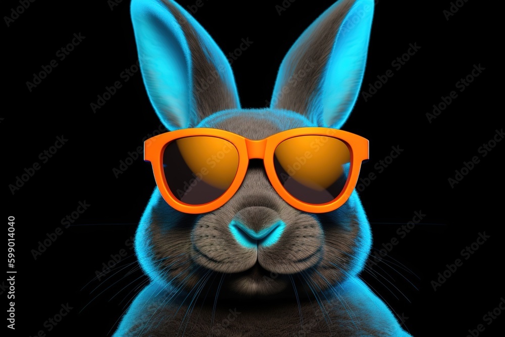 Poster a white rabbit with orange spectacles superimposed on a black backdrop Generative AI