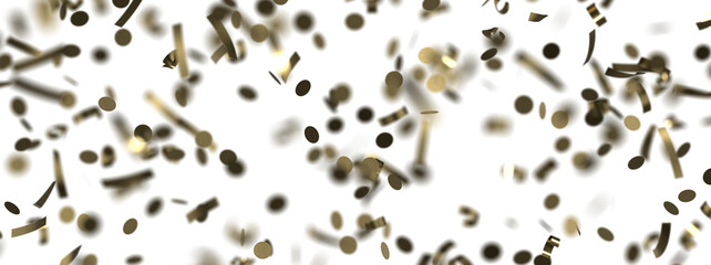 Golden confetti falling down isolated on transparent background.