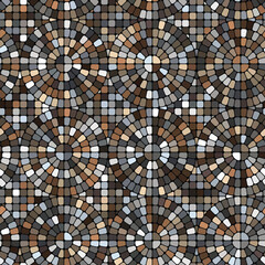 Fototapeta premium Seamless geometric pattern with concentric circles in mosaic style. Small square tiles in brown, grey, and white on a black background. Traditional porphyry design. Great as a background or texture.