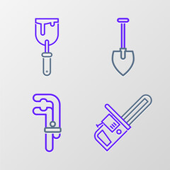 Set line Chainsaw, Clamp tool, Shovel and Putty knife icon. Vector