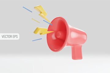 Realistic 3d pink megaphone, loudspeaker with lightning. Vector illustration.