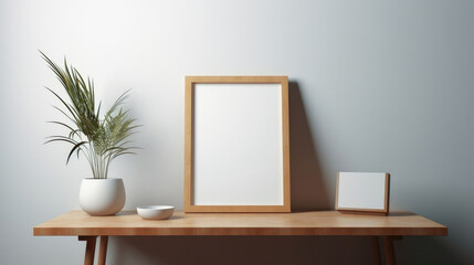 blank picture frame is placed on the table, with a minimalistic style