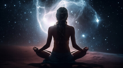 Mulher pratica ioga e meditação com energia espacial
