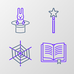 Set line Ancient magic book, Spider web, Magic wand and Magician hat rabbit icon. Vector